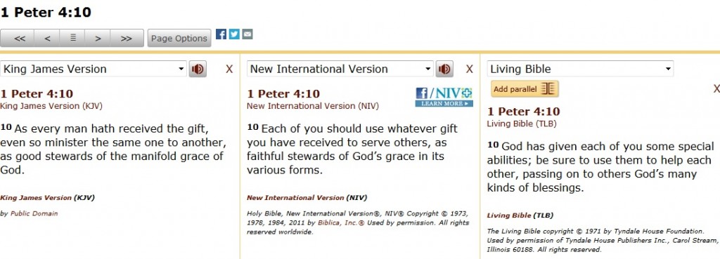 1 Peter 4:10 in 3 versions: KJV, NIV, TLB